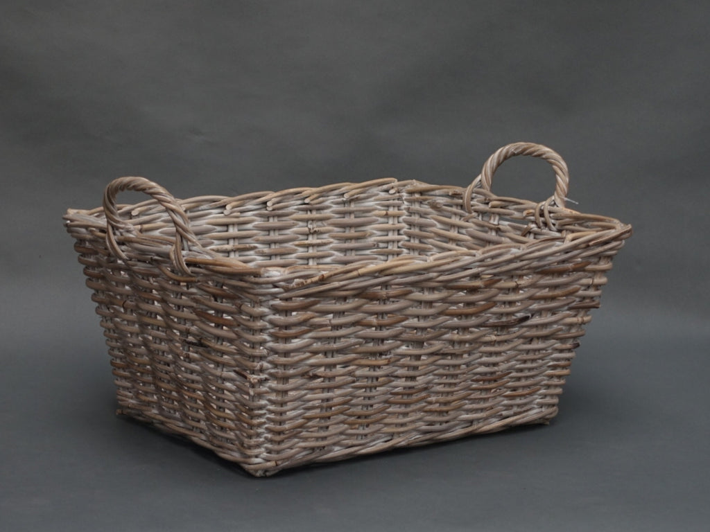 Rectangular whitewashed basket with ear handles
